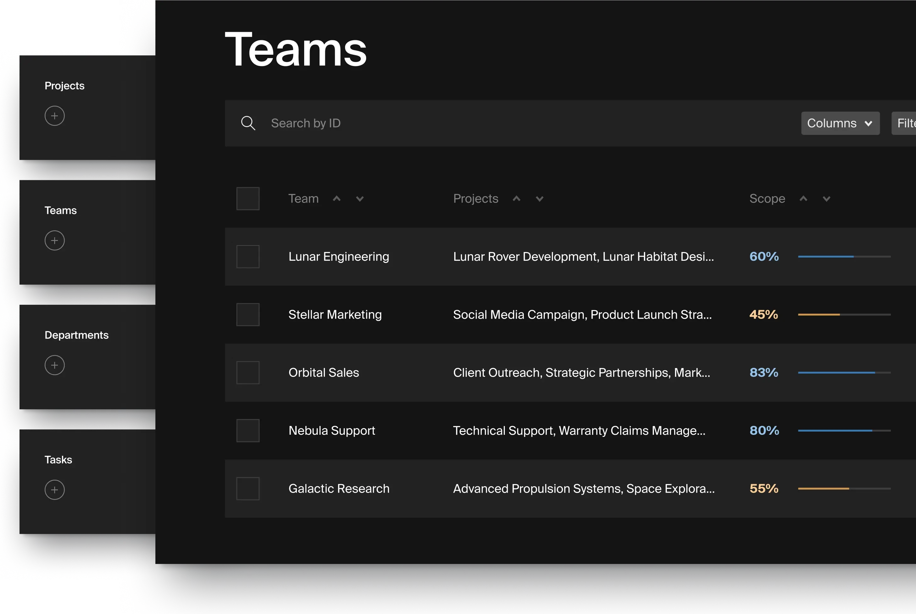 A stack of collection buttons and a list view of teams.