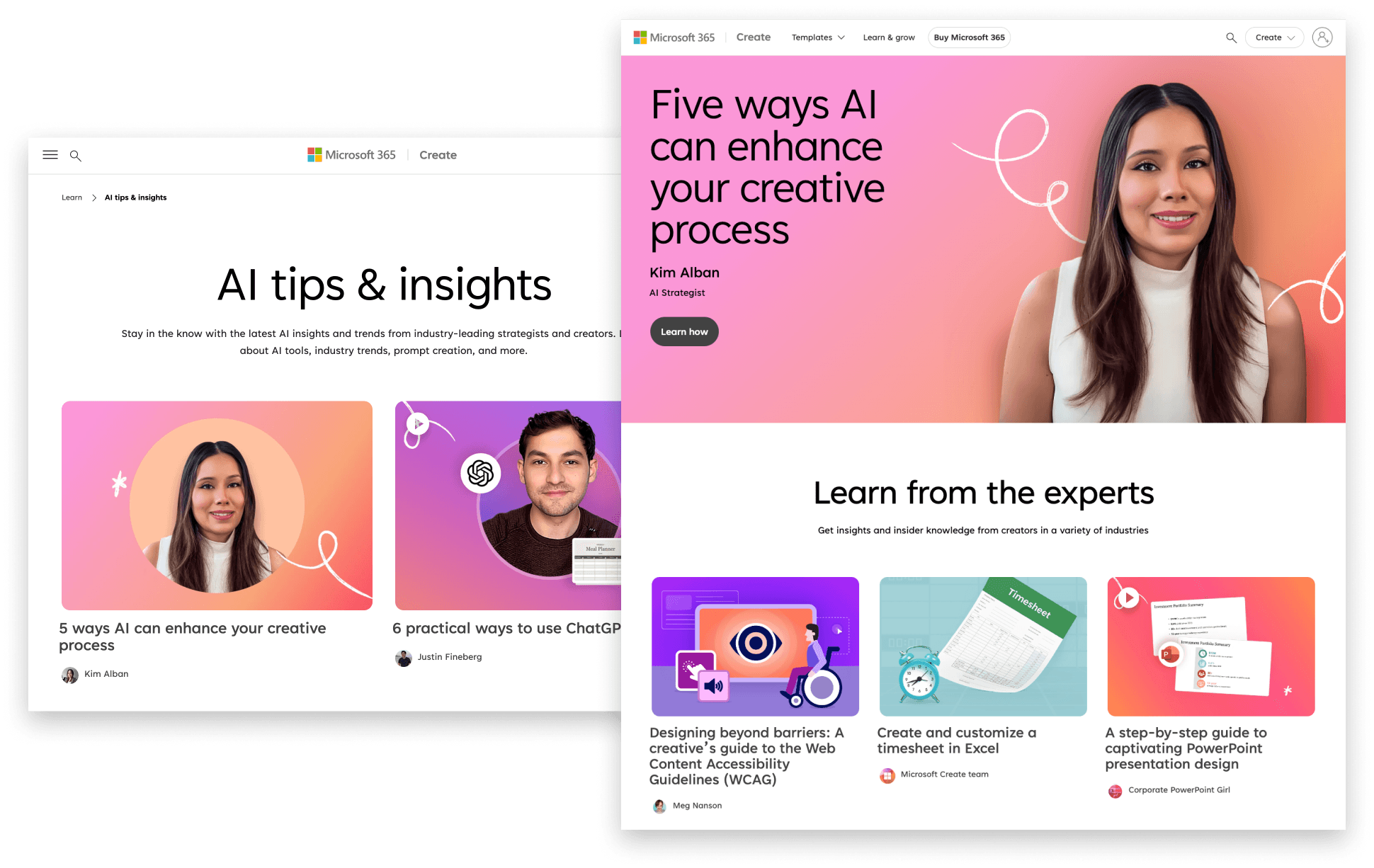 Screenshots of Microsoft's AI Tips and Tricks website.