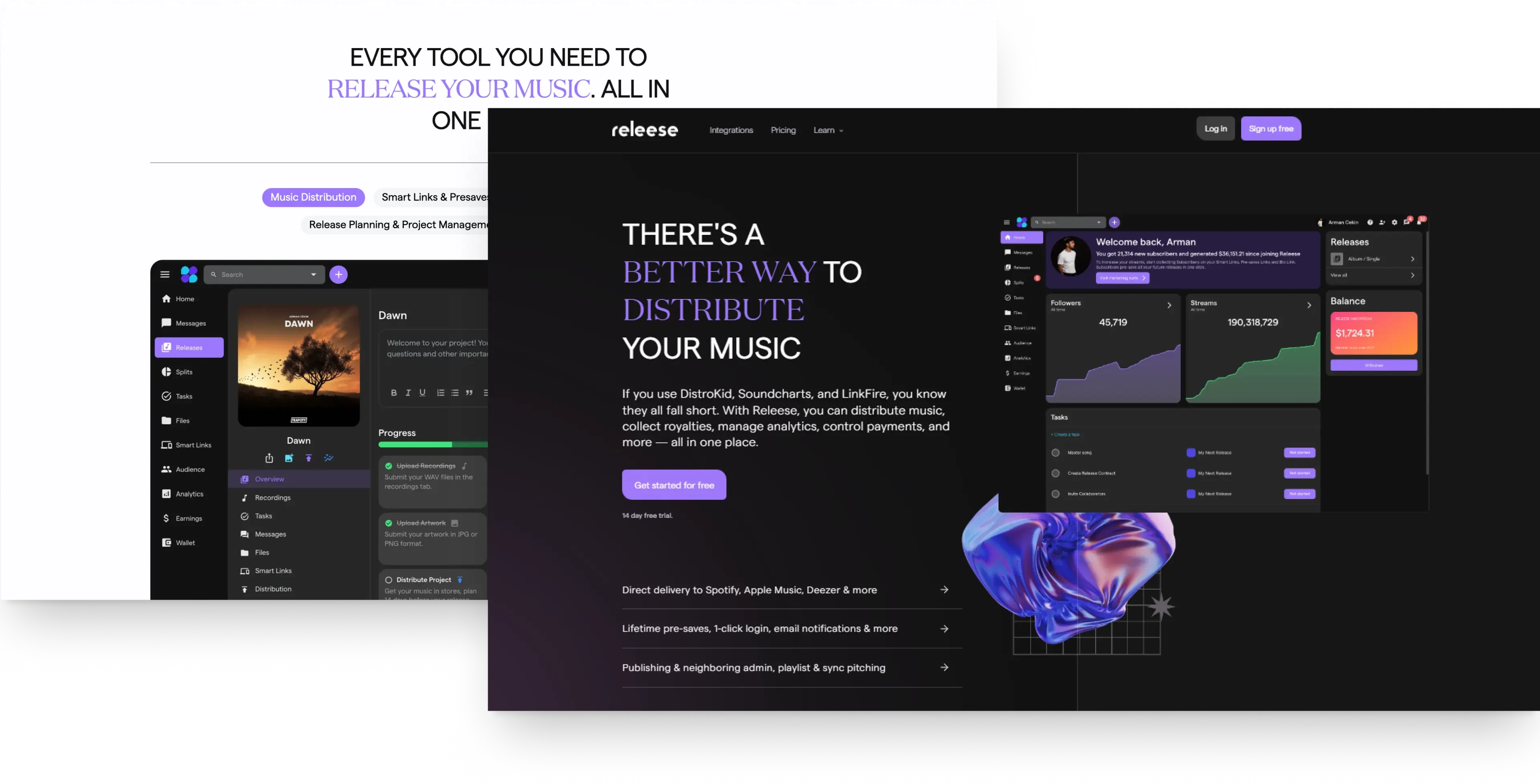 Releese music platform homepage and dashboard