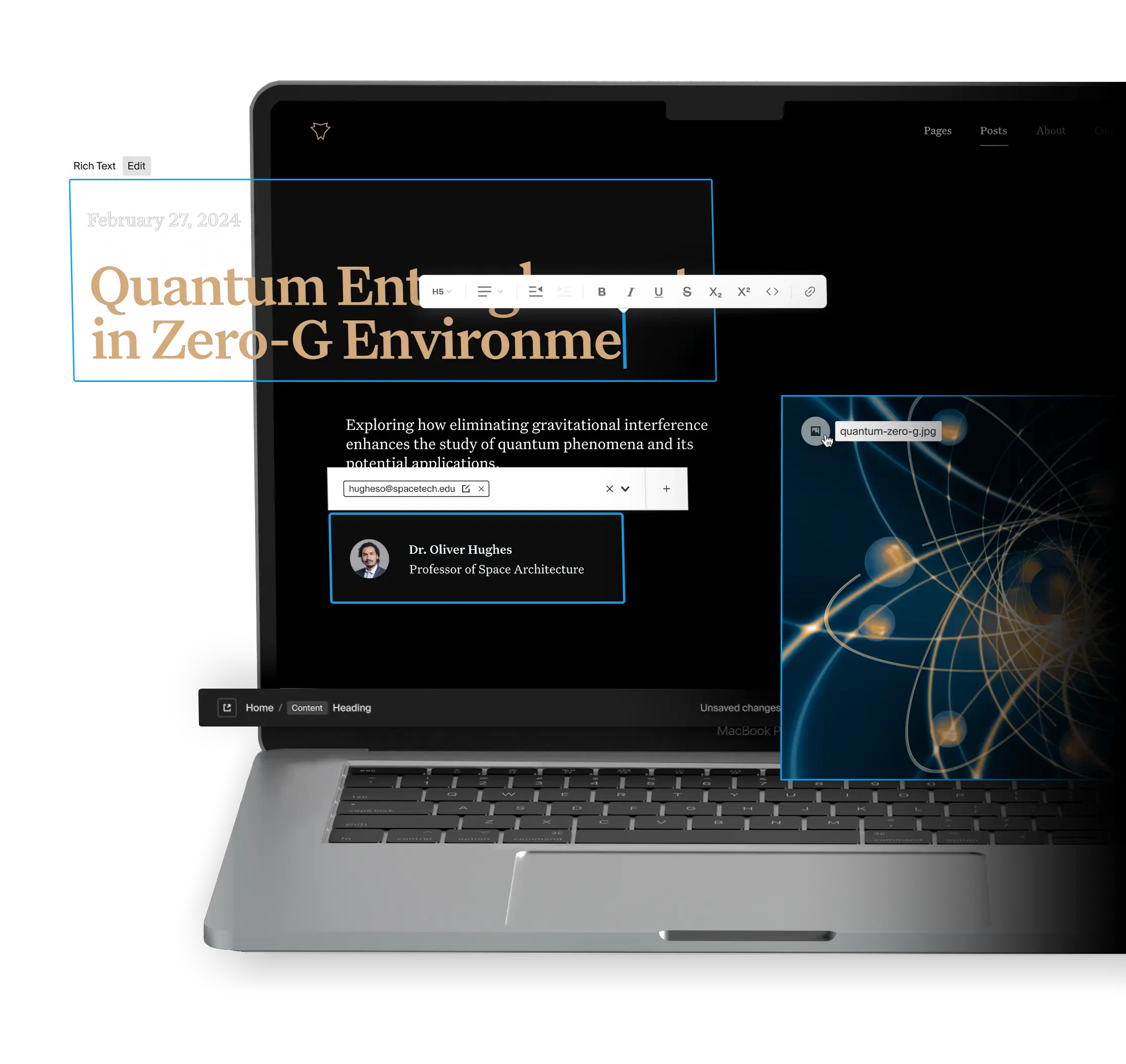 a laptop depicting a blog post about space, and how to edit various elements such as rich text, relationships, and media with the Payload visual editor